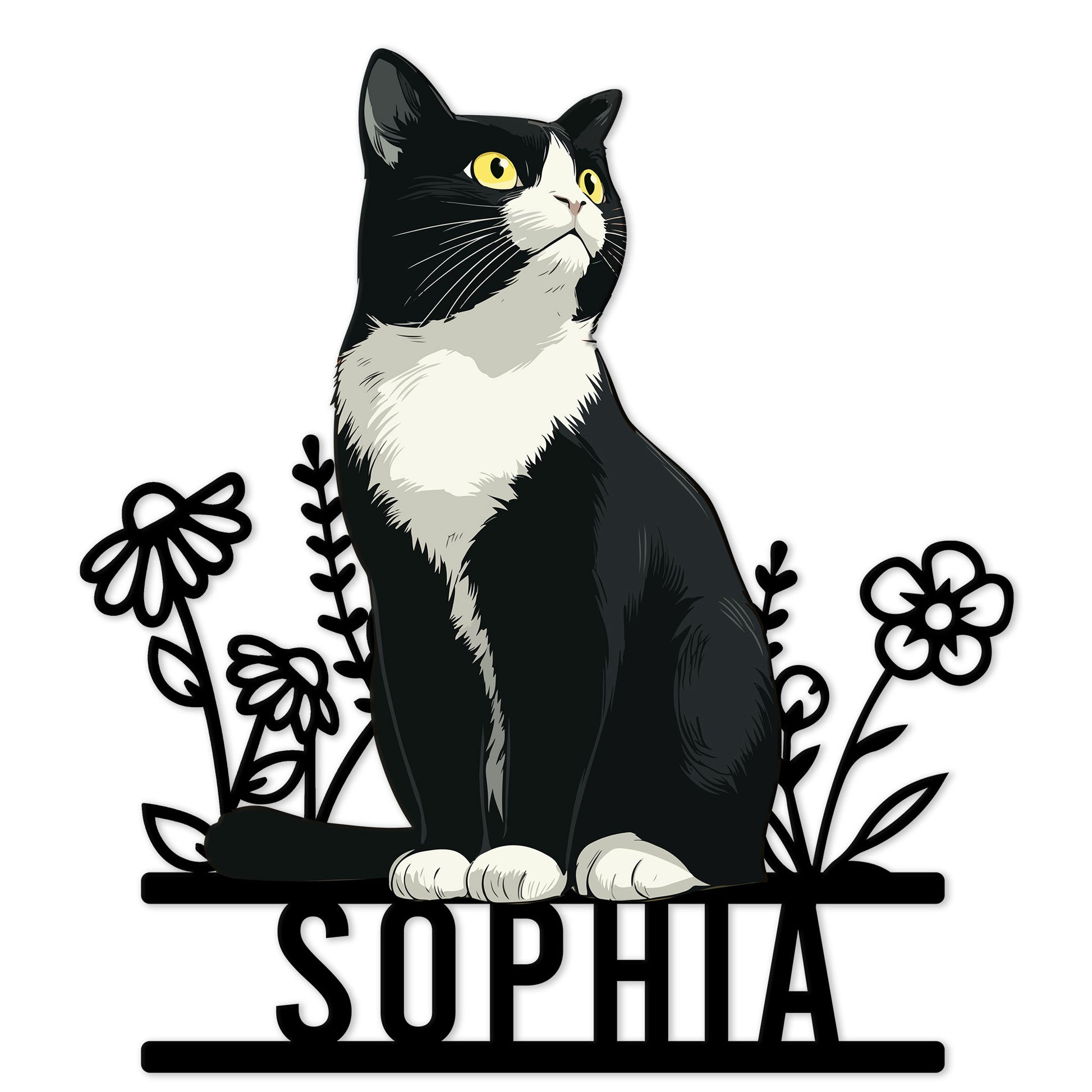 Custom tuxedo cat metal sign featuring a black-and-white cat framed by simple floral line art
