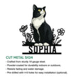 Tuxedo cat cut metal sign feature graphic showing the seated cat artwork and product presentation details