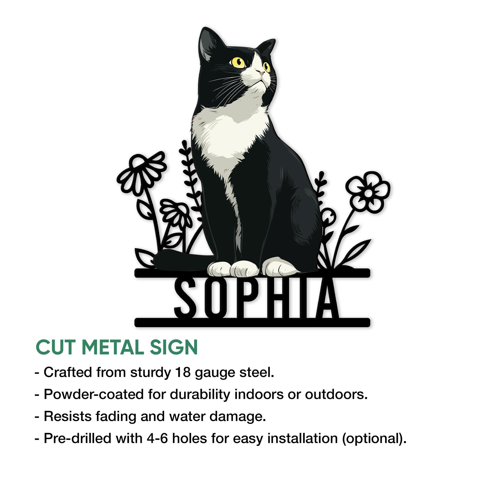 Tuxedo cat cut metal sign feature graphic showing the seated cat artwork and product presentation details