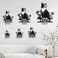 Tuxedo cat metal sign size guide showing multiple square size options in a living room setting