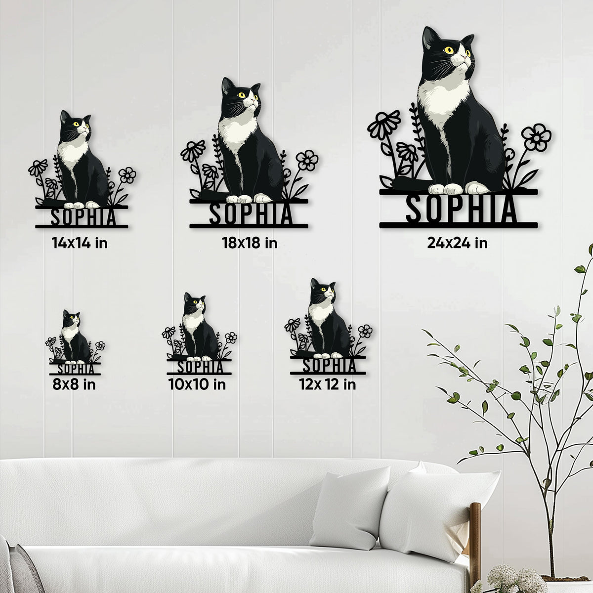 Tuxedo cat metal sign size guide showing multiple square size options in a living room setting