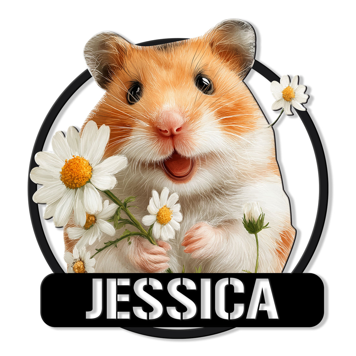 Custom hamster metal sign featuring a cheerful orange hamster surrounded by white daisies in a bold circular design