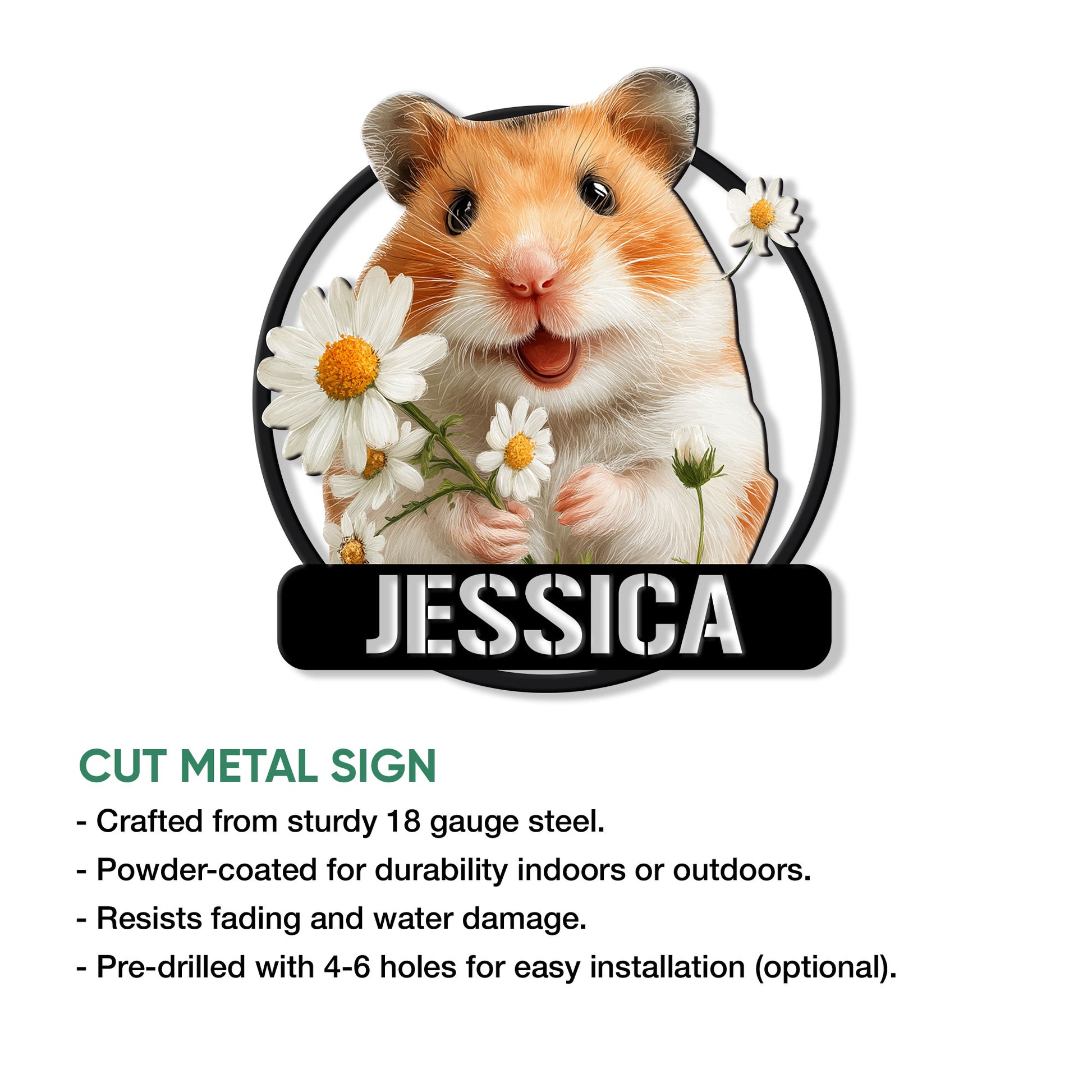 Hamster metal sign feature graphic showing the floral pet portrait design and cut metal sign presentation