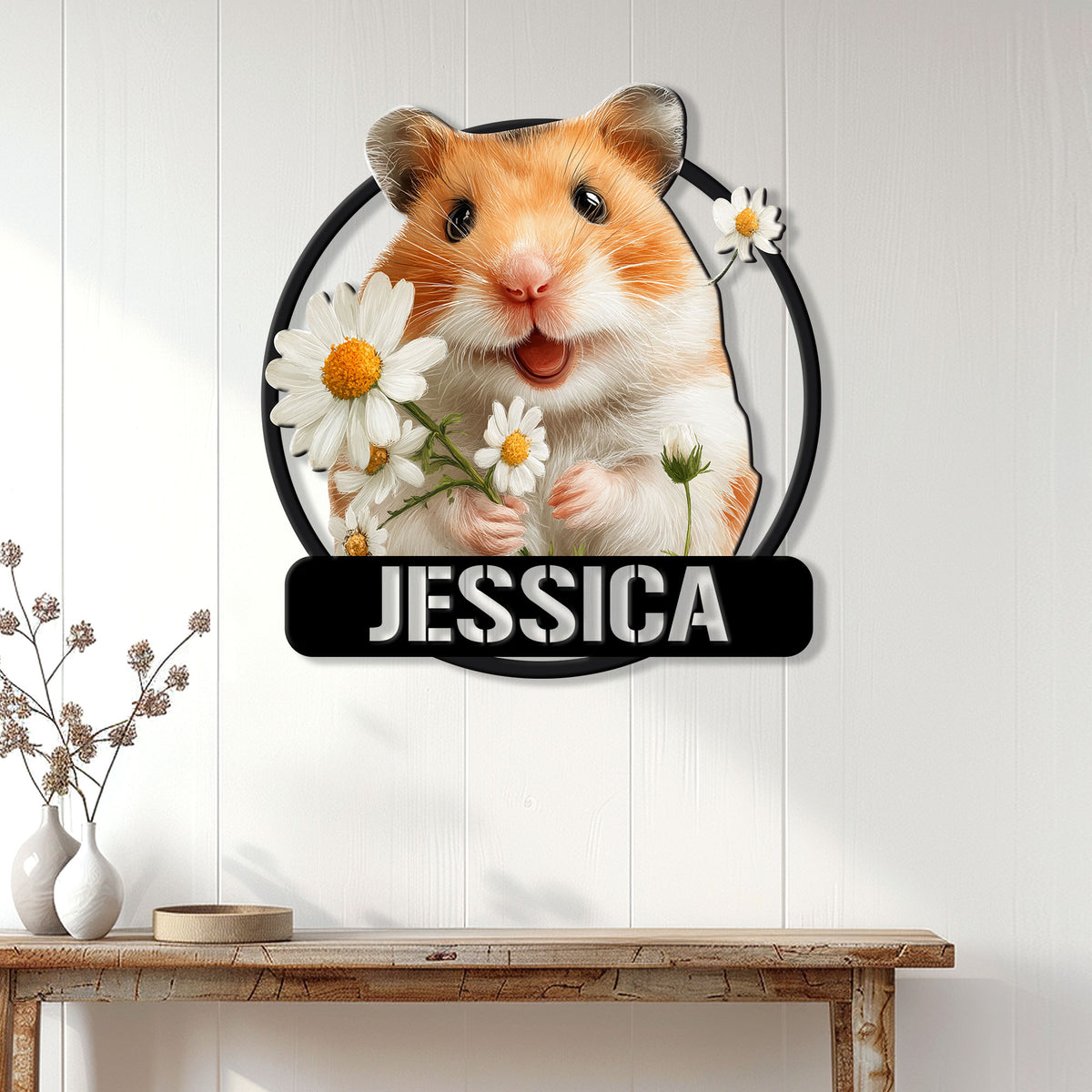 Hamster wall decor displayed above a console table, featuring a bright floral portrait in a circular frame