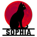 Black cat metal sign featuring a seated feline silhouette against a bold red textured moon