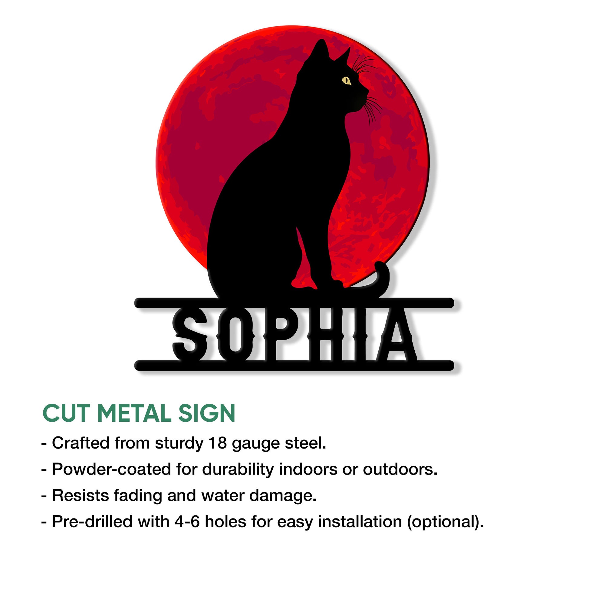 Black cat cut metal sign feature graphic showing the moonlit feline silhouette and wall decor design