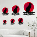 Black cat metal sign size guide showing multiple square size options in a living room setting