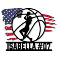 Custom basketball metal sign featuring a female player silhouette, hoop, ball lines, and distressed American flag colors
