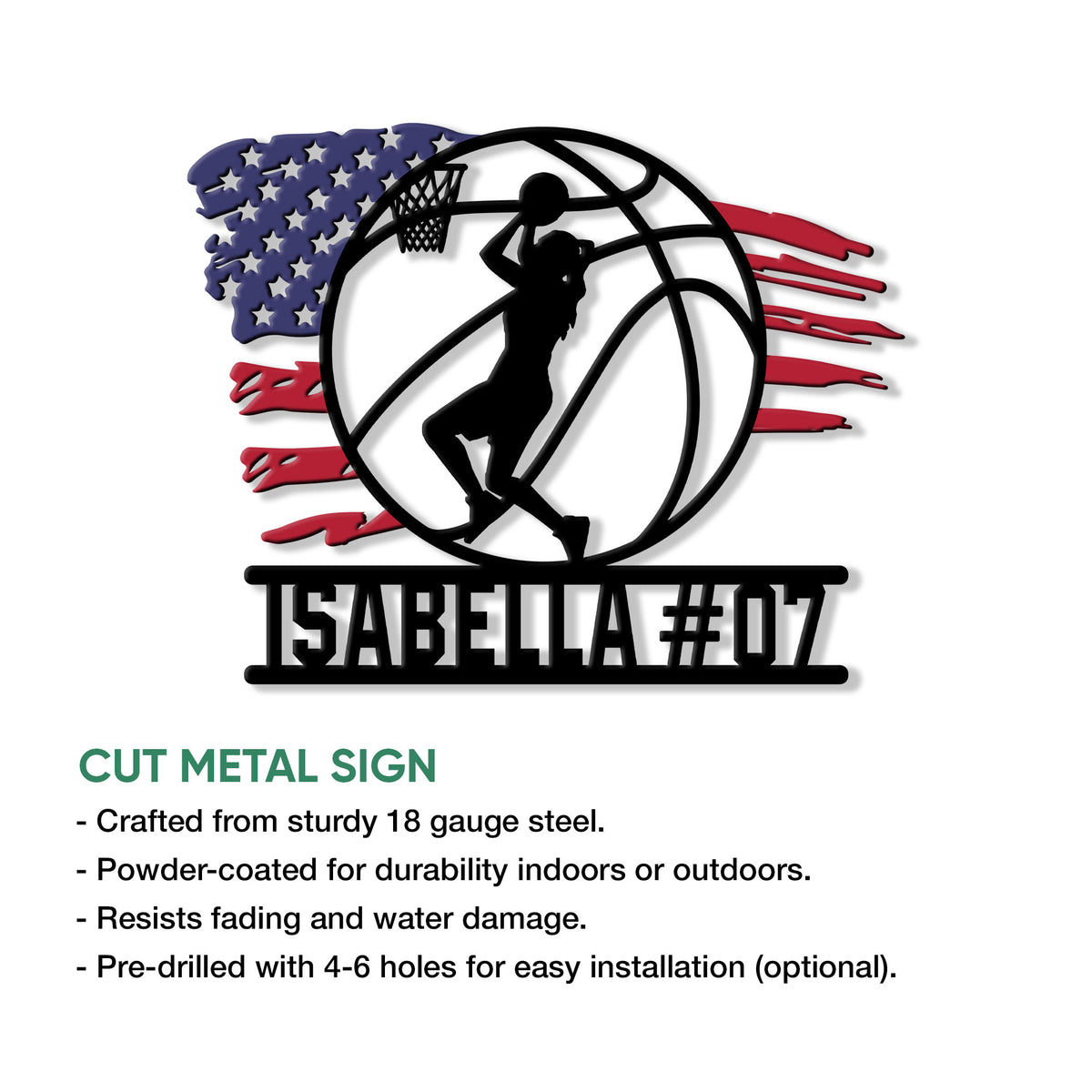 Basketball metal sign product infographic showing the patriotic player design and cut metal sign features