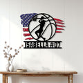 Basketball wall sign displayed above a console table, featuring a female player silhouette and American flag backdrop