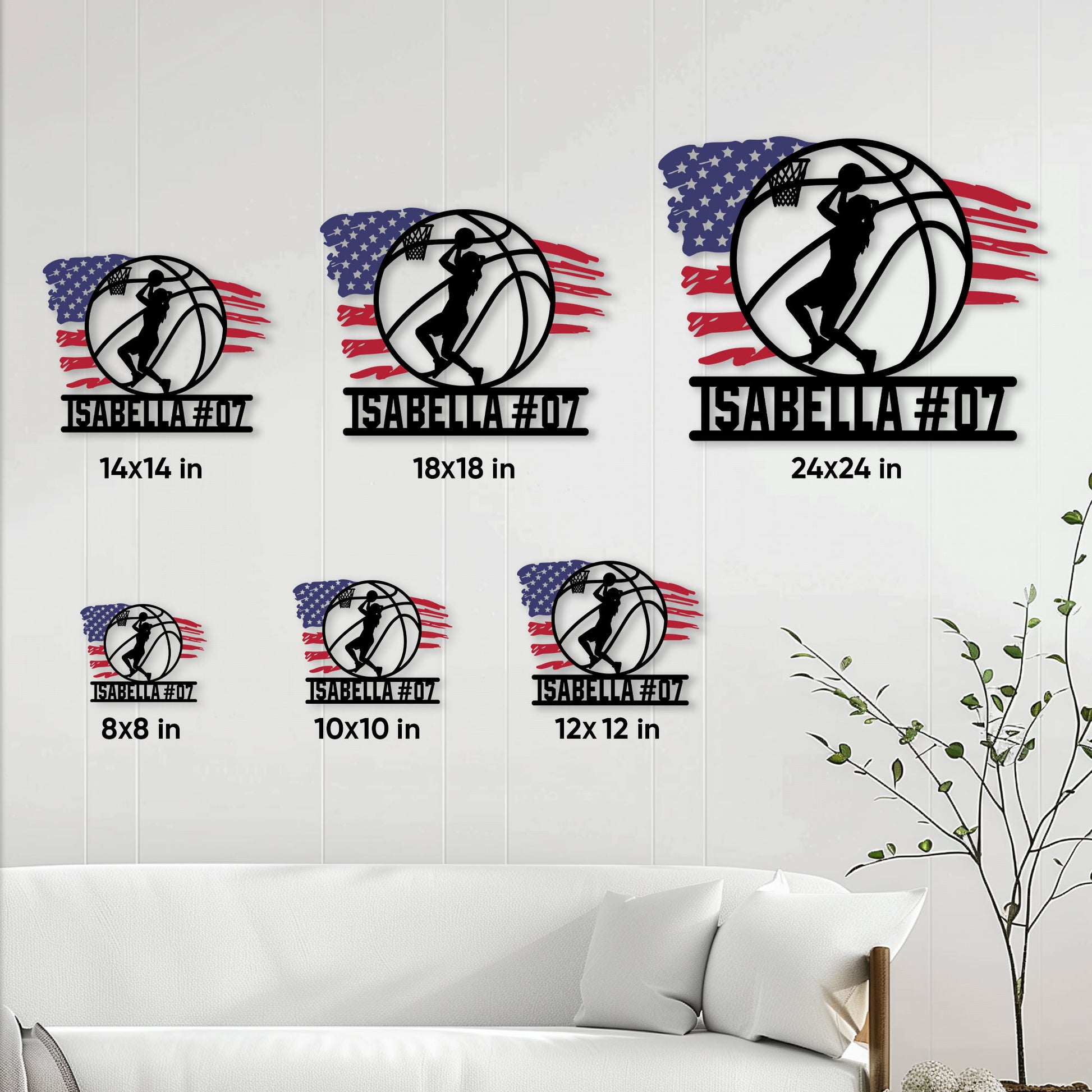 Basketball metal sign size guide showing available square sizes from 8 by 8 inches to 24 by 24 inches