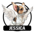 Custom Chihuahua metal sign featuring a detailed winged dog portrait inside a black circular frame