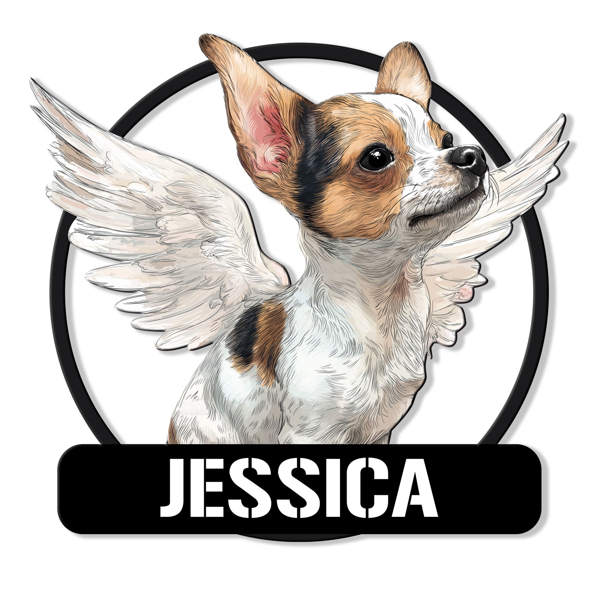 Custom Chihuahua metal sign featuring a detailed winged dog portrait inside a black circular frame