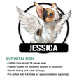 Winged Chihuahua cut metal sign shown in a product feature graphic for indoor or outdoor display