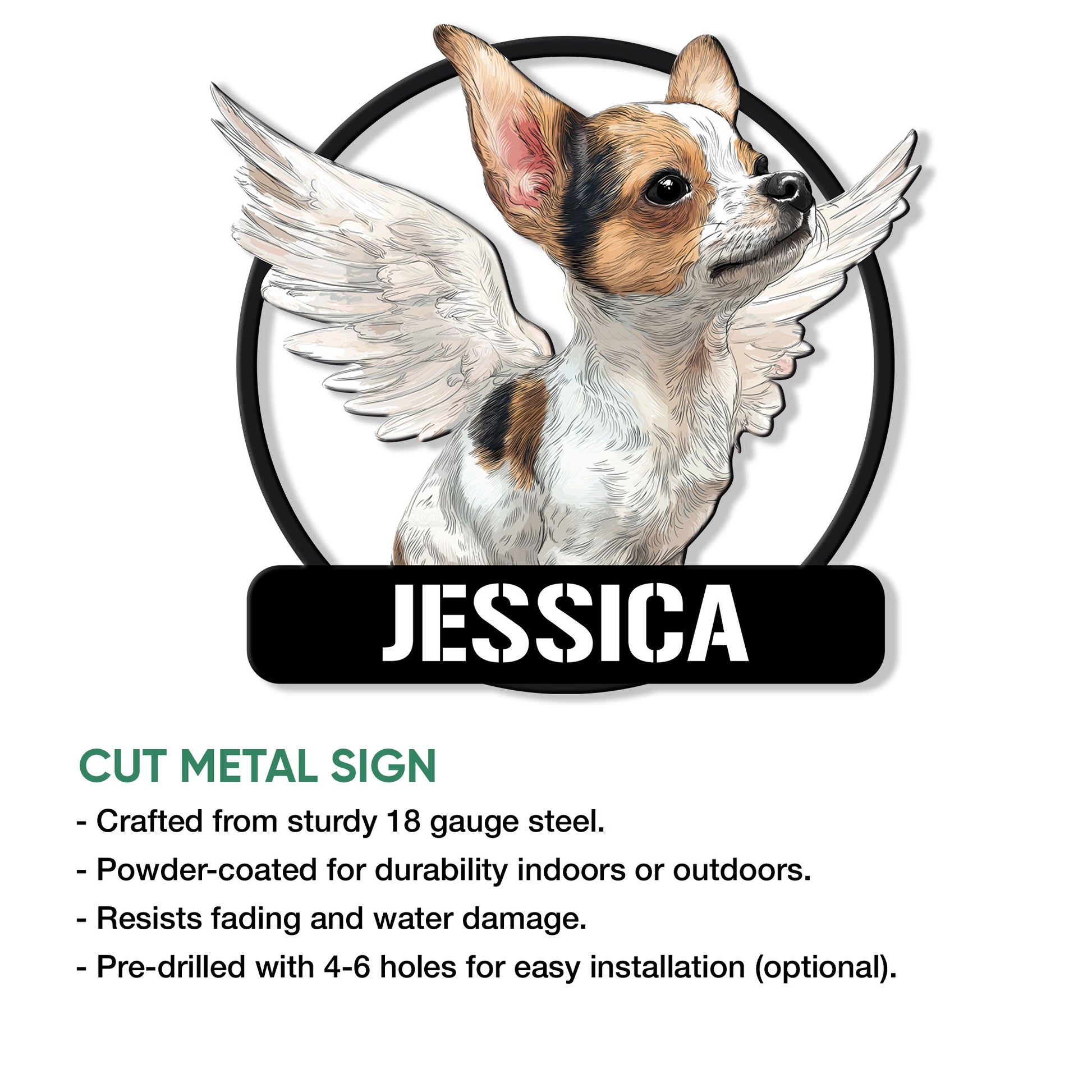 Winged Chihuahua cut metal sign shown in a product feature graphic for indoor or outdoor display