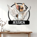 Custom angel-winged Chihuahua metal sign displayed as dog lover wall decor in a bright home entryway