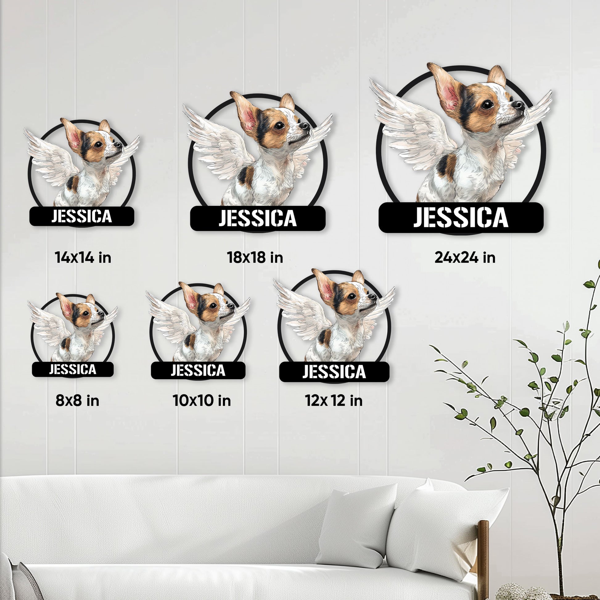 Chihuahua metal sign size guide showing six square options from 8 by 8 to 24 by 24 inches