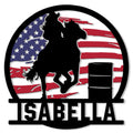 Rodeo metal sign featuring a bucking bull and rider silhouette against an American flag backdrop