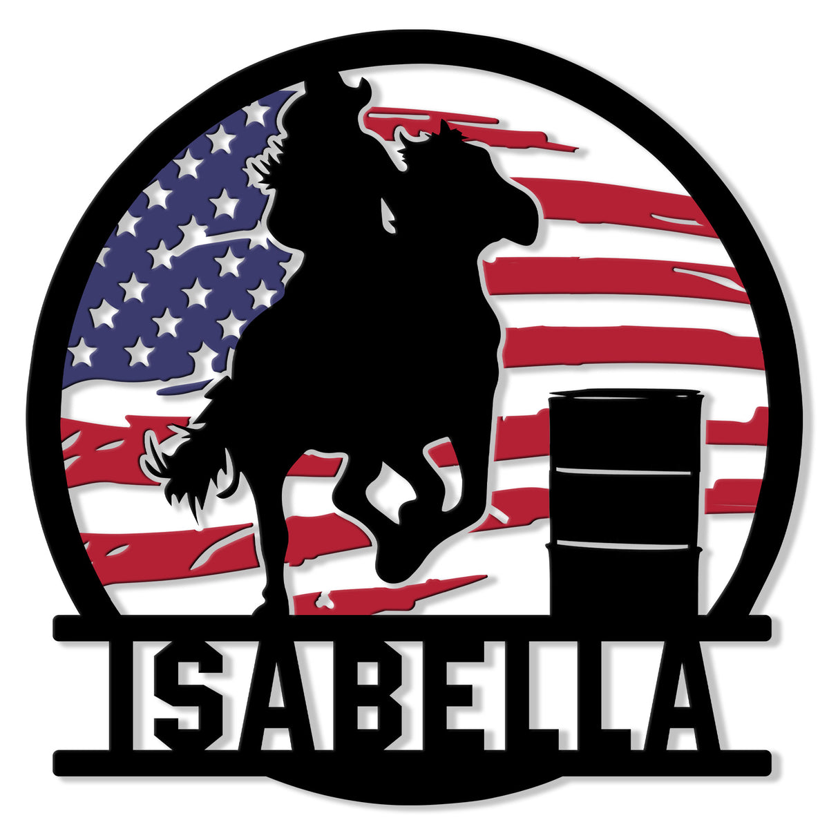 Rodeo metal sign featuring a bucking bull and rider silhouette against an American flag backdrop