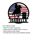 Close-up rodeo wall sign with a bull rider, barrel, bold circular frame, and patriotic flag design