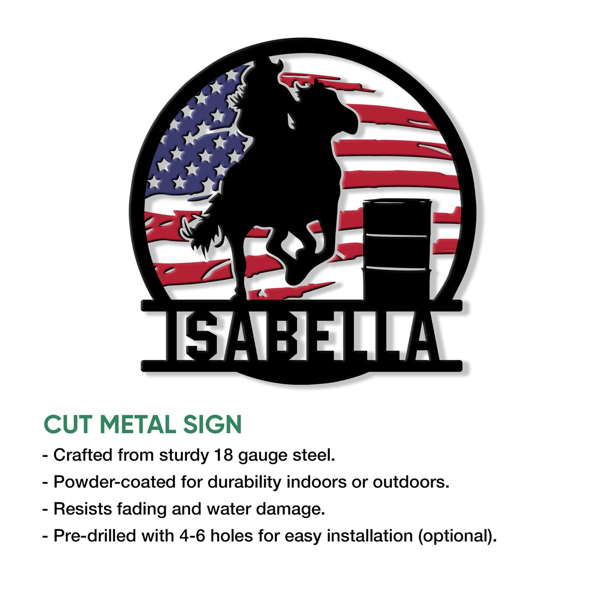 Close-up rodeo wall sign with a bull rider, barrel, bold circular frame, and patriotic flag design