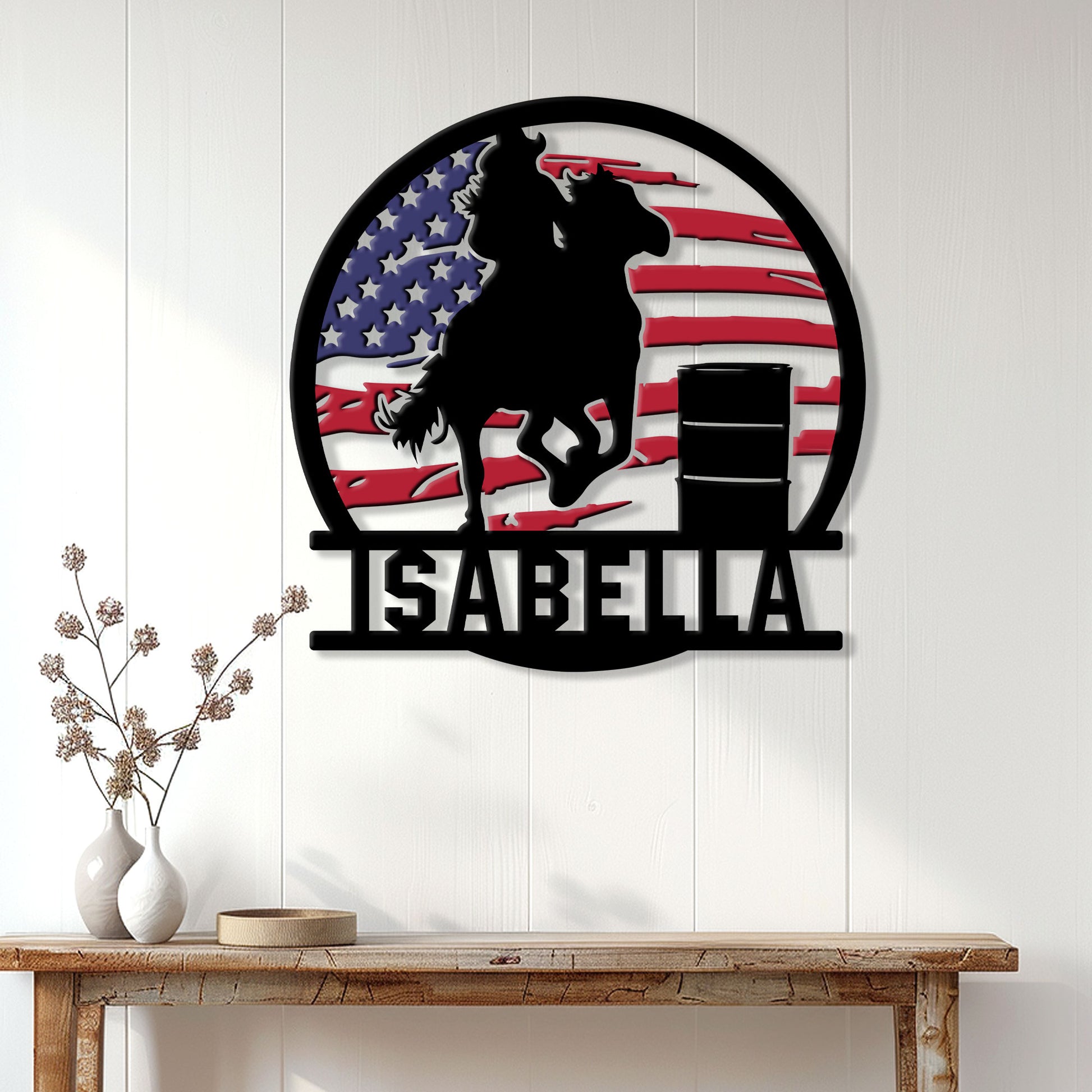 Custom rodeo metal sign displayed on a white paneled wall above a rustic console table