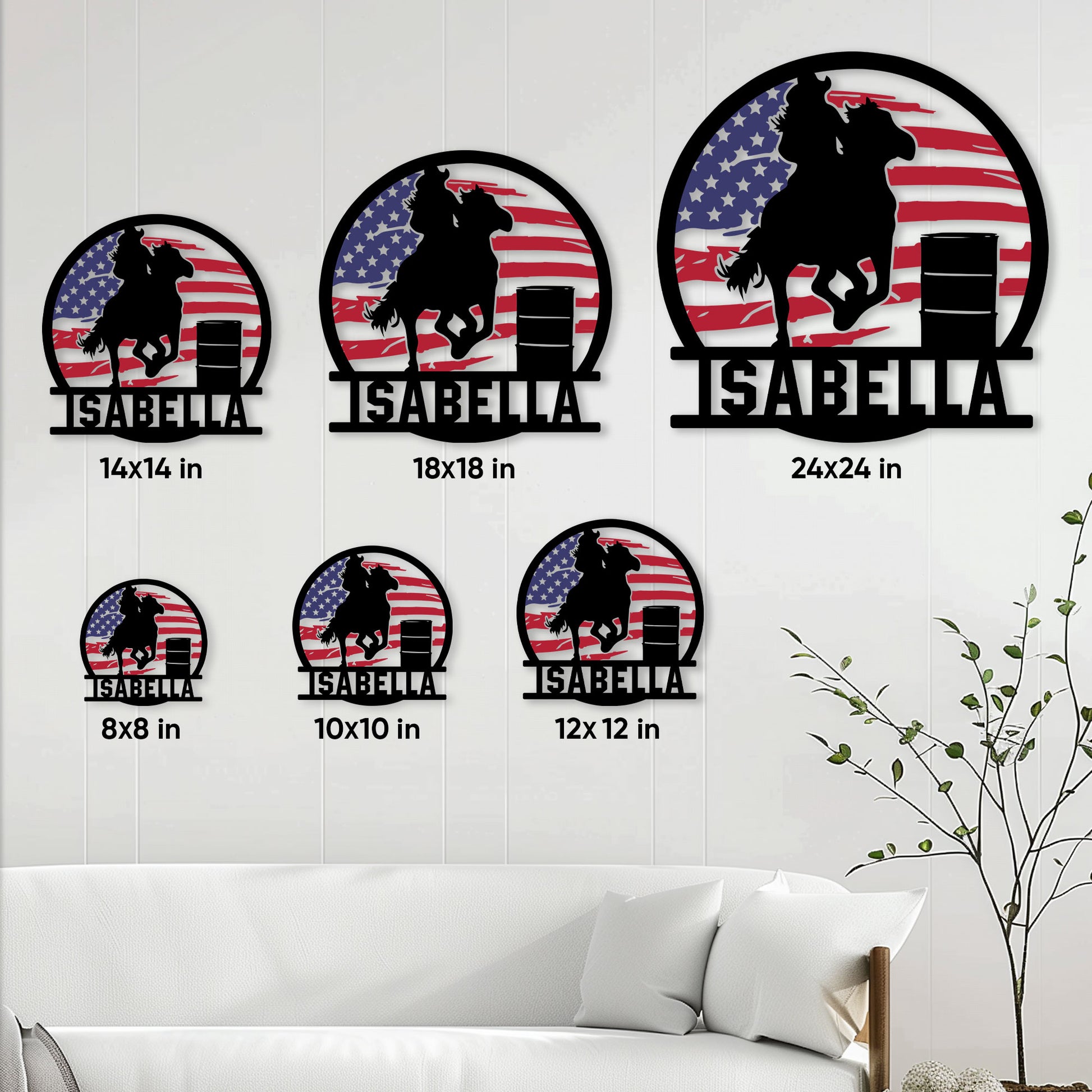 Rodeo metal sign size guide showing available 8, 10, 12, 14, 18, and 24 inch options