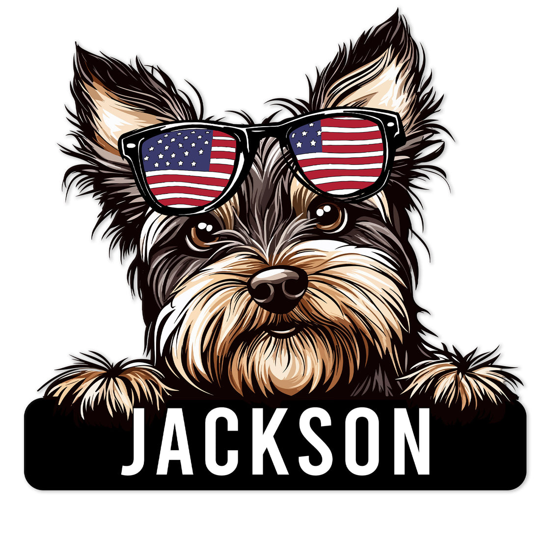 Custom Yorkie metal sign featuring a shaggy terrier wearing American flag sunglasses