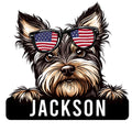 Custom Yorkie metal sign featuring a shaggy terrier wearing American flag sunglasses