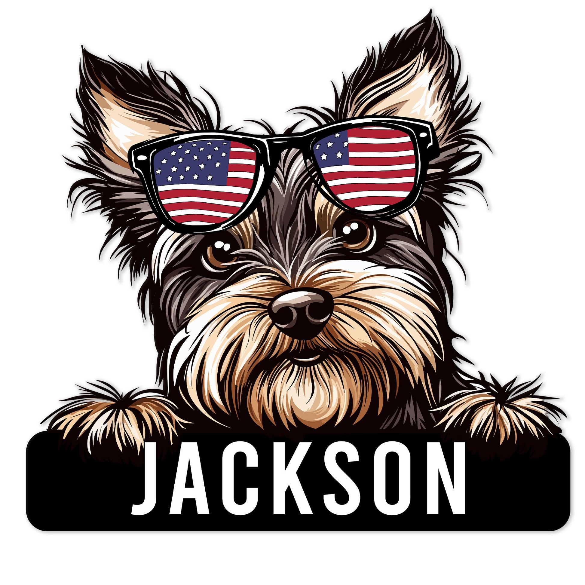 Custom Yorkie metal sign featuring a shaggy terrier wearing American flag sunglasses