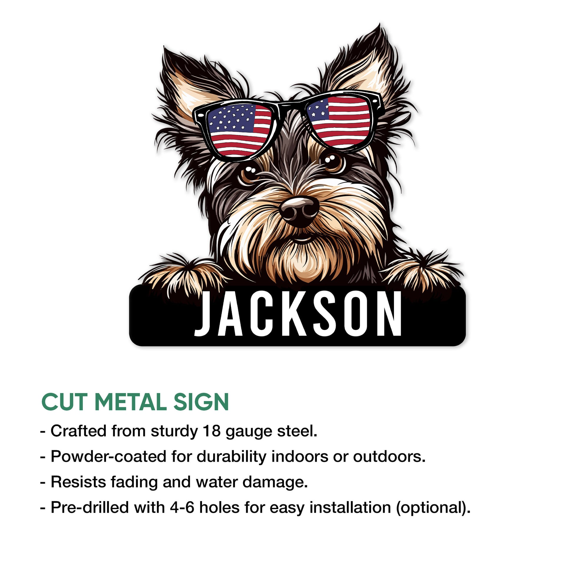 Yorkie metal sign feature graphic showing the patriotic terrier artwork and sign presentation