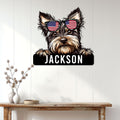 Patriotic Yorkie metal sign displayed as wall decor above a console table