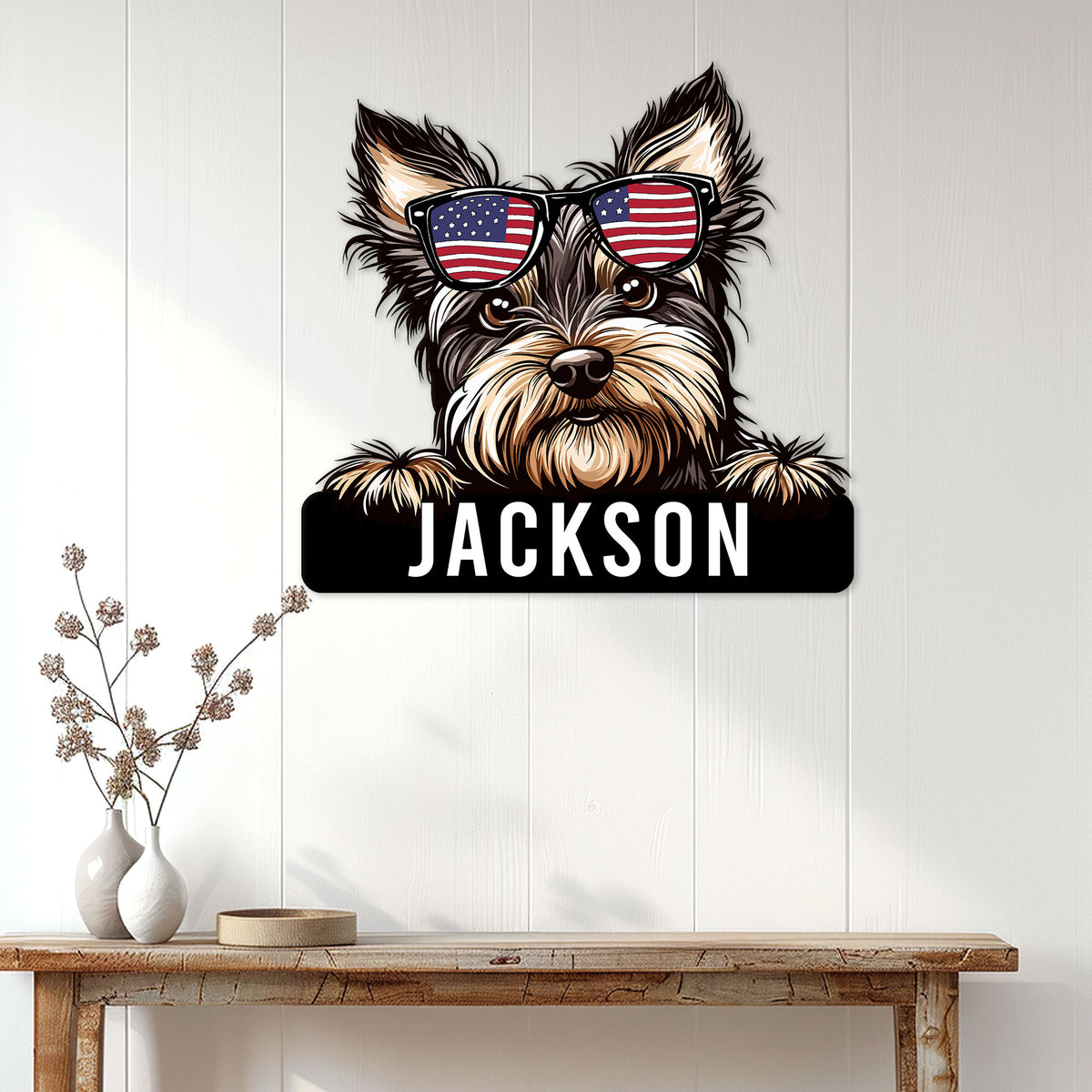 Patriotic Yorkie metal sign displayed as wall decor above a console table
