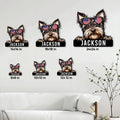 Yorkie metal sign size guide showing multiple square size options in a living room