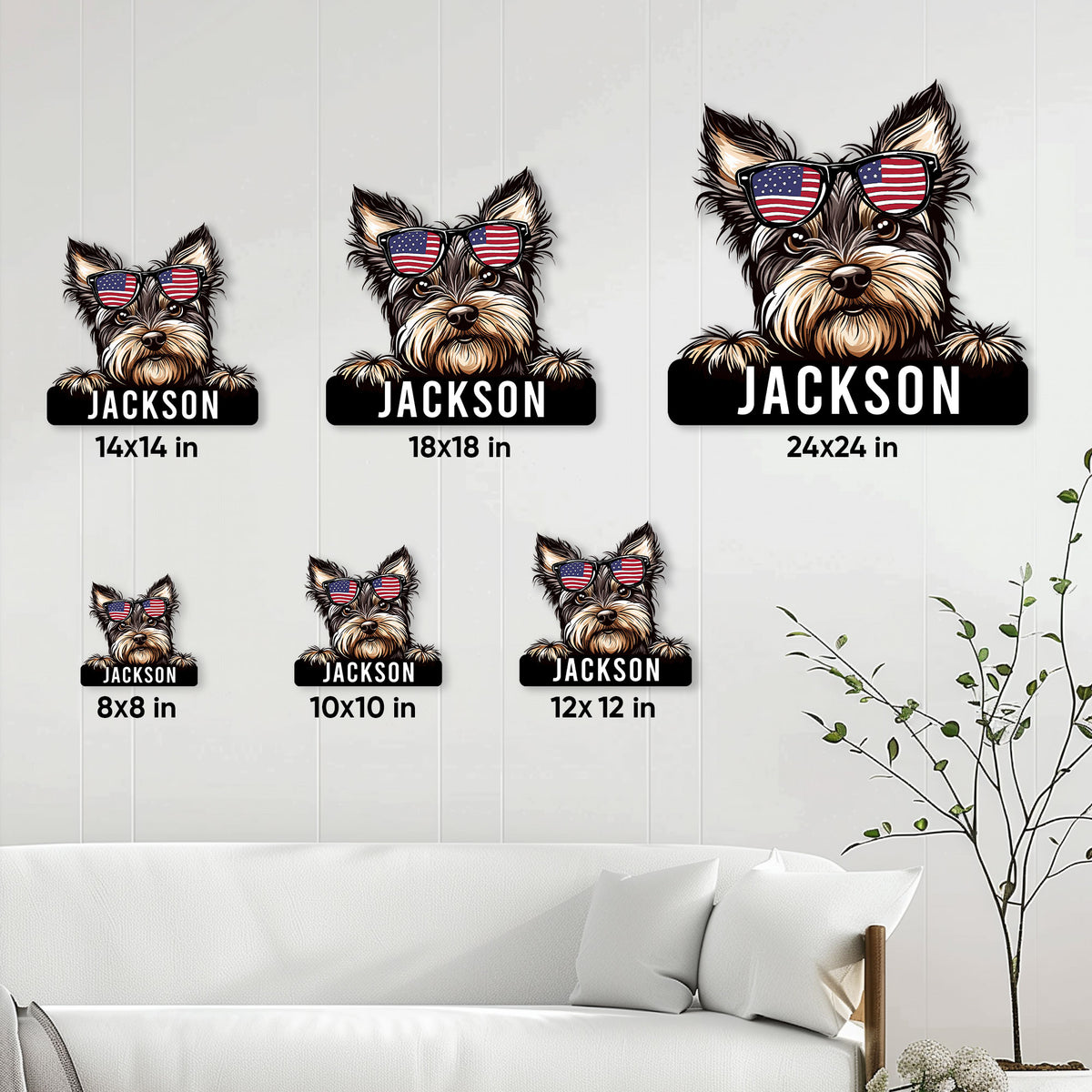 Yorkie metal sign size guide showing multiple square size options in a living room