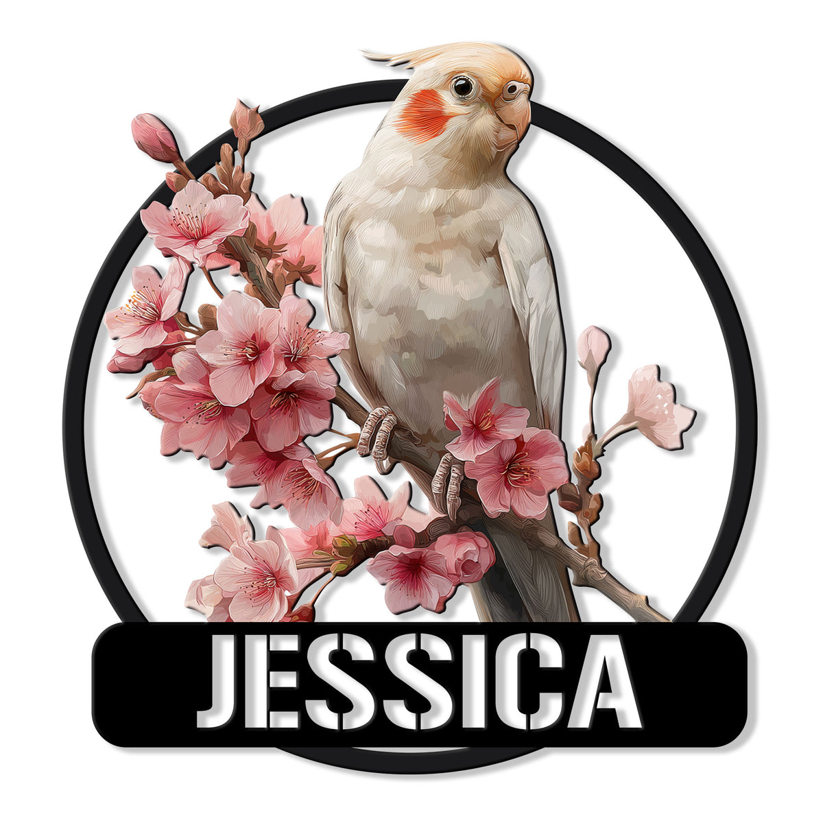 Cockatiel metal sign featuring a detailed bird perched among pink blossom branches in a round black frame