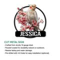 Cockatiel metal sign shown with a product feature guide for indoor or outdoor display and easy installation