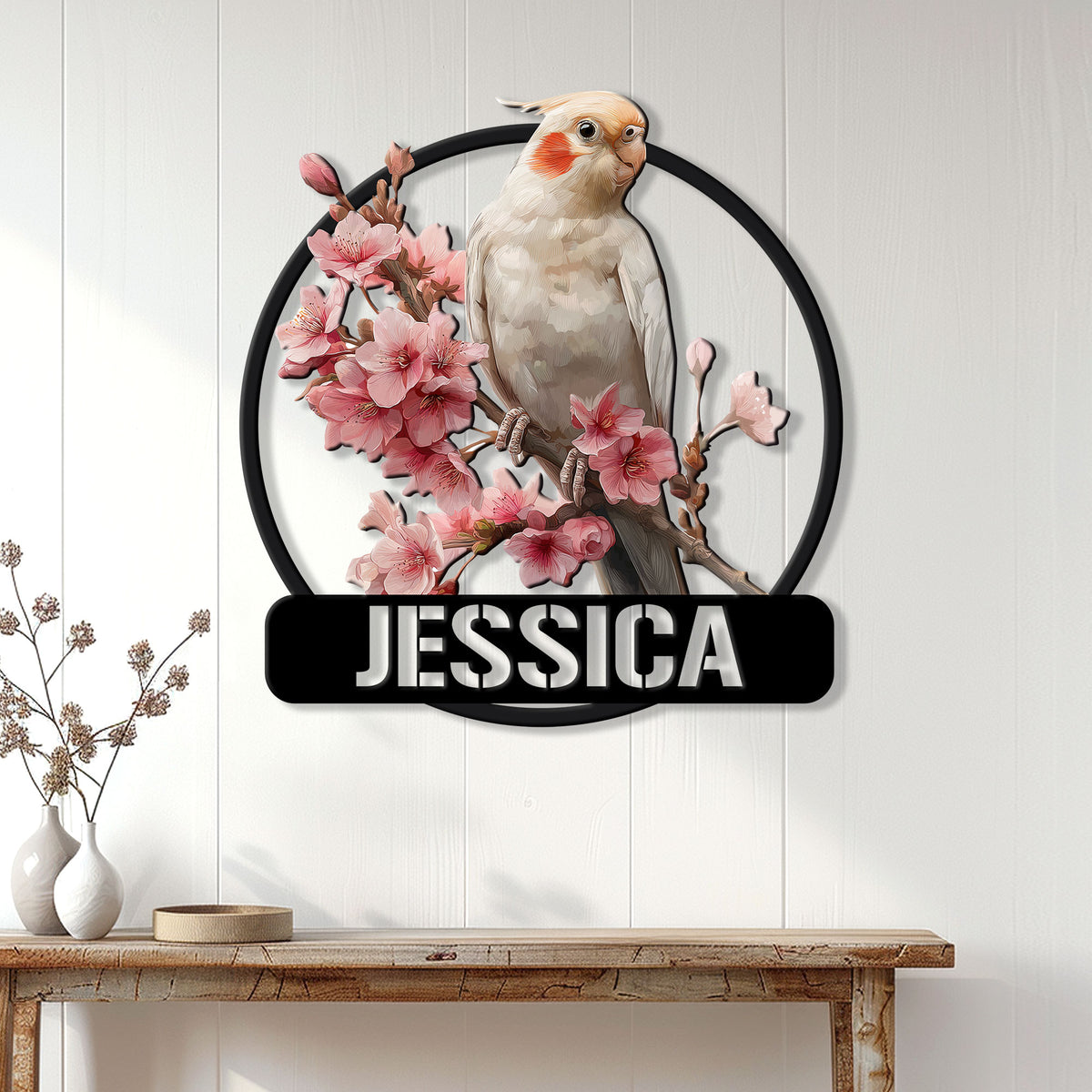 Floral cockatiel wall sign displayed above a console table in a bright modern home