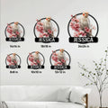 Cockatiel metal sign size guide showing several round size options arranged on a living room wall