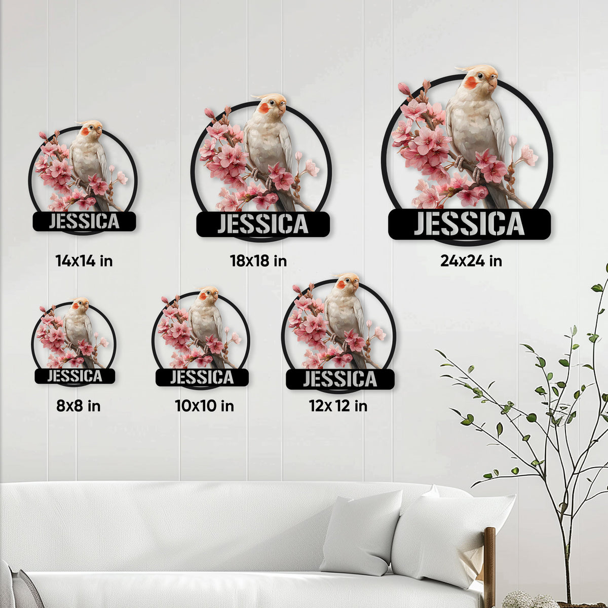 Cockatiel metal sign size guide showing several round size options arranged on a living room wall