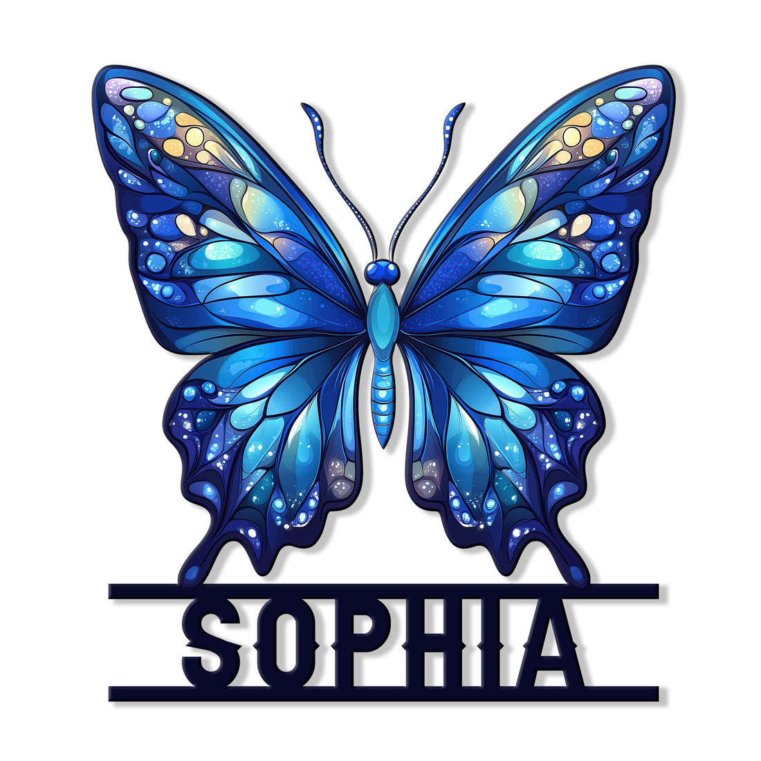 Blue butterfly metal sign with vibrant stained-glass inspired wings and a decorative lower name placeholder
