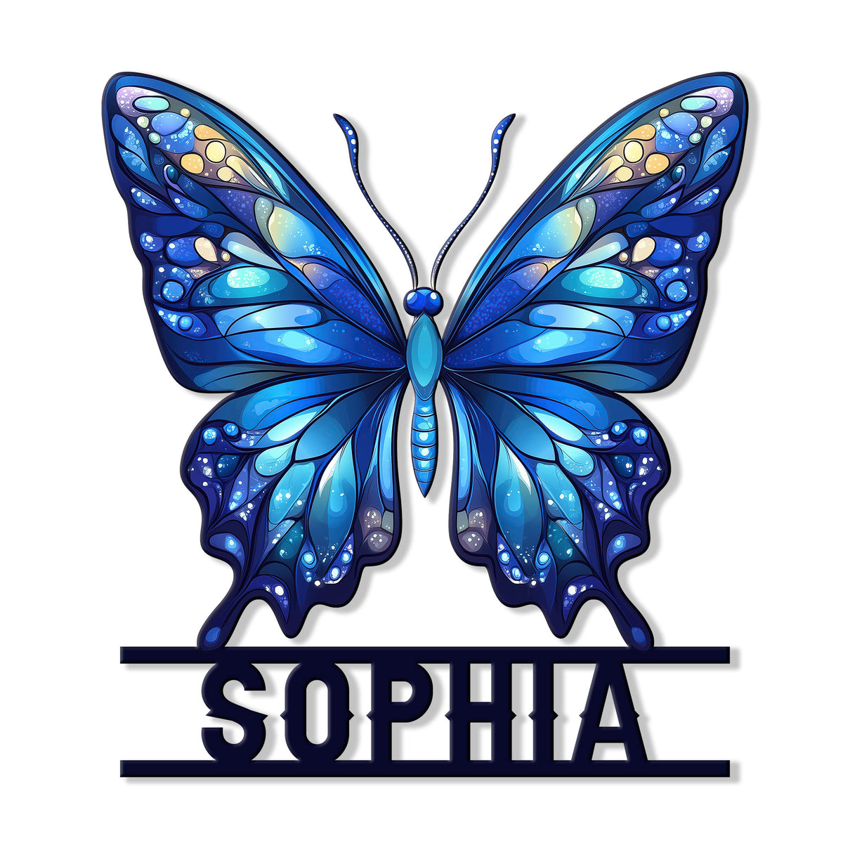 Blue butterfly metal sign with vibrant stained-glass inspired wings and a decorative lower name placeholder
