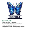 Detailed blue butterfly metal sign shown with a cut-metal design and indoor or outdoor display features