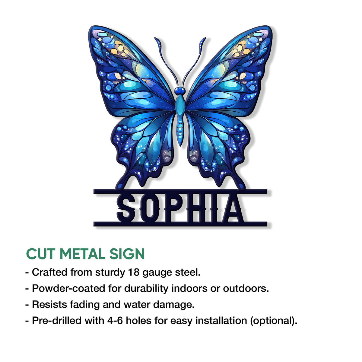 Detailed blue butterfly metal sign shown with a cut-metal design and indoor or outdoor display features