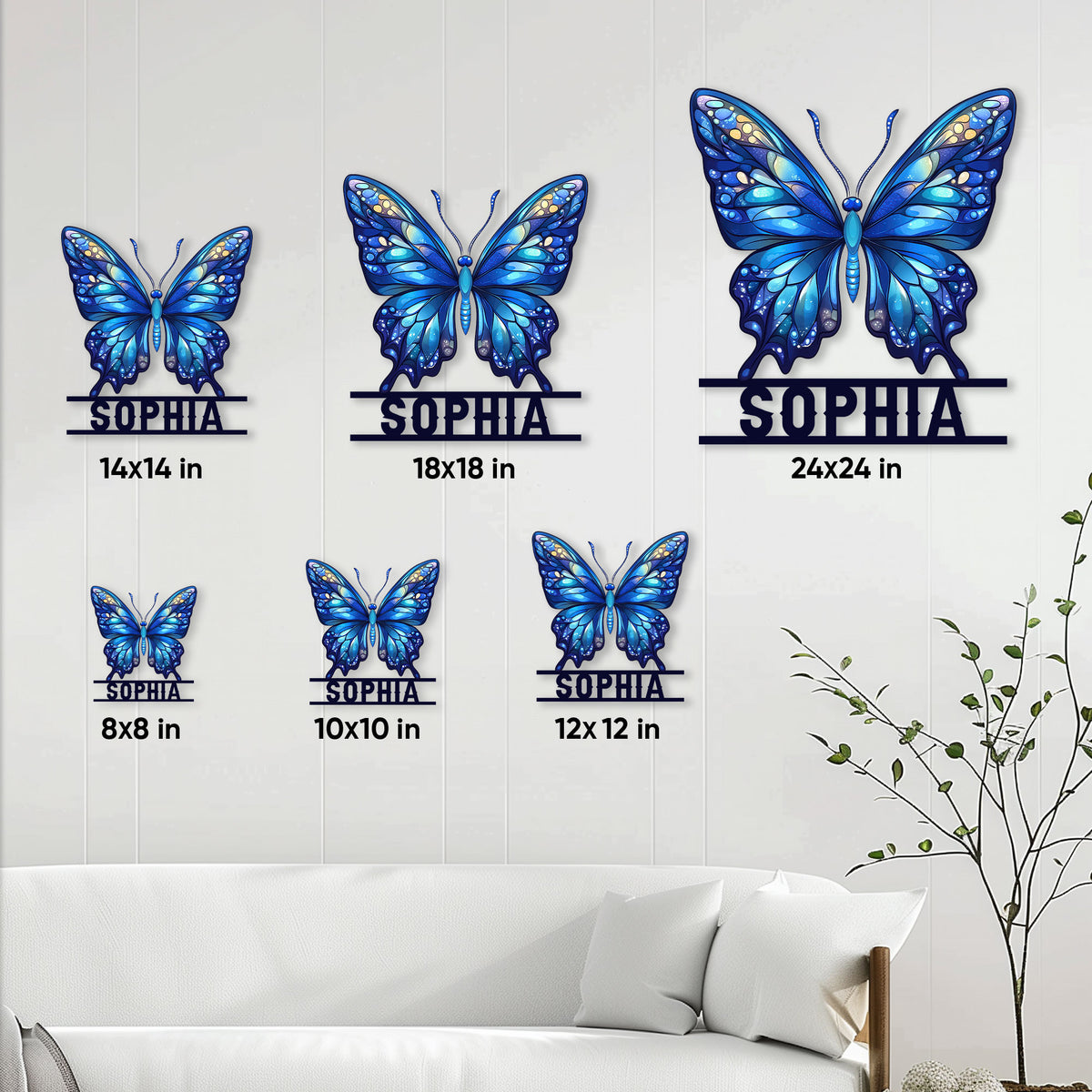 Blue butterfly metal sign lifestyle image showing available size options from 8 by 8 to 24 by 24 inches