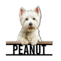 Custom Westie metal sign featuring a cheerful West Highland White Terrier leaning over a wood-style ledge
