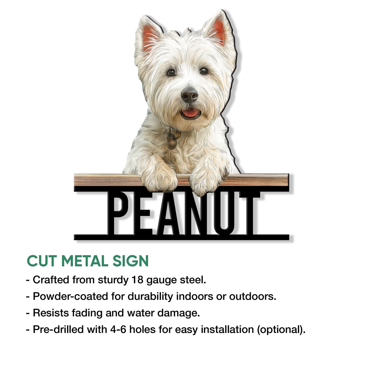 Westie cut metal sign feature graphic showing a fluffy West Highland White Terrier design for indoor or outdoor decor