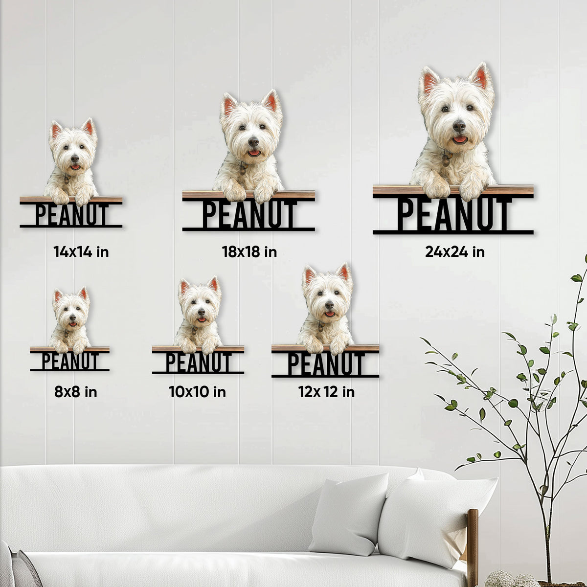 Westie metal sign size guide showing six available options from 8 by 8 inches to 24 by 24 inches