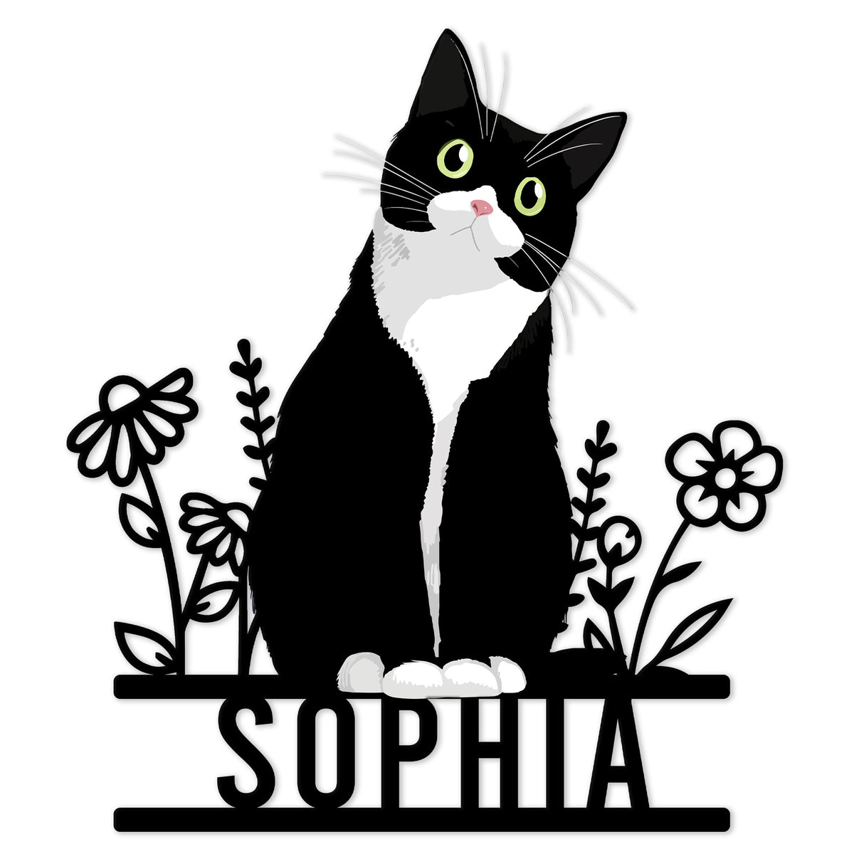 Custom tuxedo cat metal sign featuring a black and white cat framed by simple floral designs