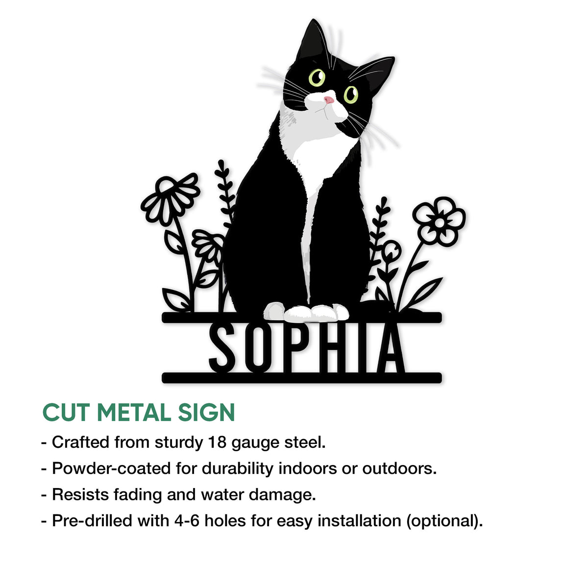 Tuxedo cat metal sign feature graphic showing the floral cat artwork and cut metal sign presentation